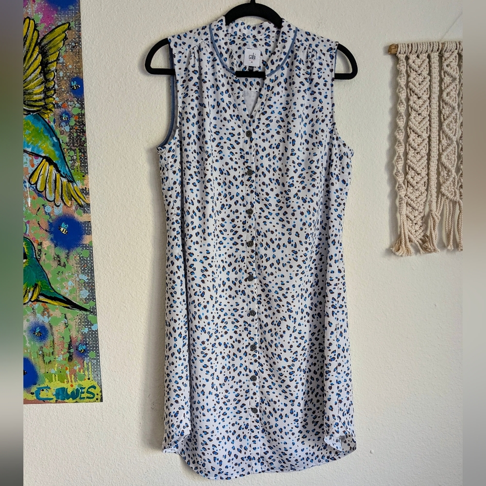 CAbi Camilla Leopard Print Sleeveless Button Down Shirt Dress Blue White Sz M - Picture 2 of 8
